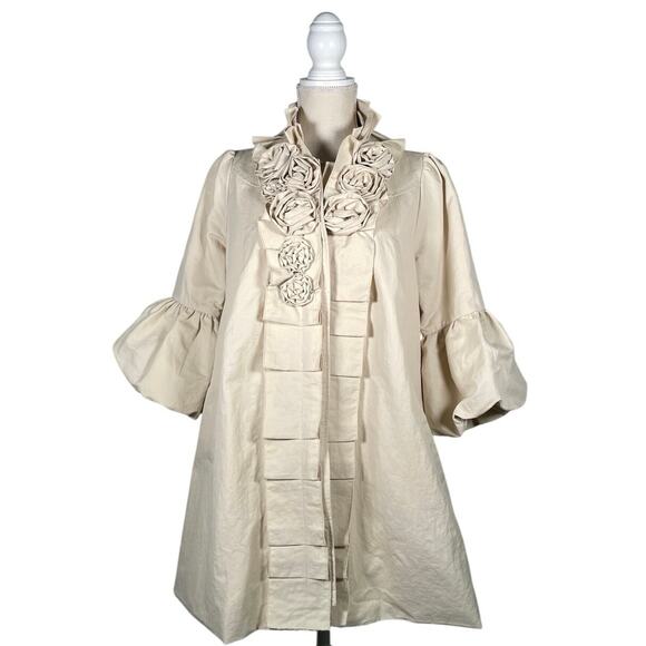 Ryu Jackets & Blazers - Ryu VTG Jacket Trench Coat Womens Med Cream Ruffles Lined Rosettes Boho NWOT